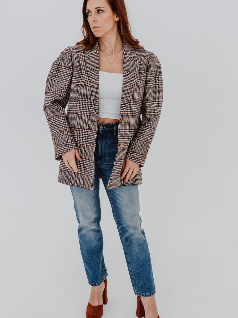 Nwt Sandro Mina Puff Shoulder Houdstooth Wool Blend Blazer